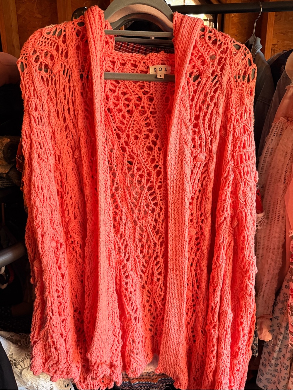 POL Coral Open-Weave Hooded Cardigan